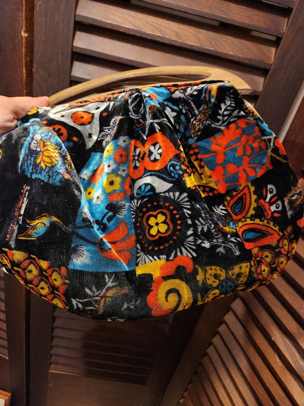 Vintage Black Multi Floral Velvet Clutch with Wooden Handle